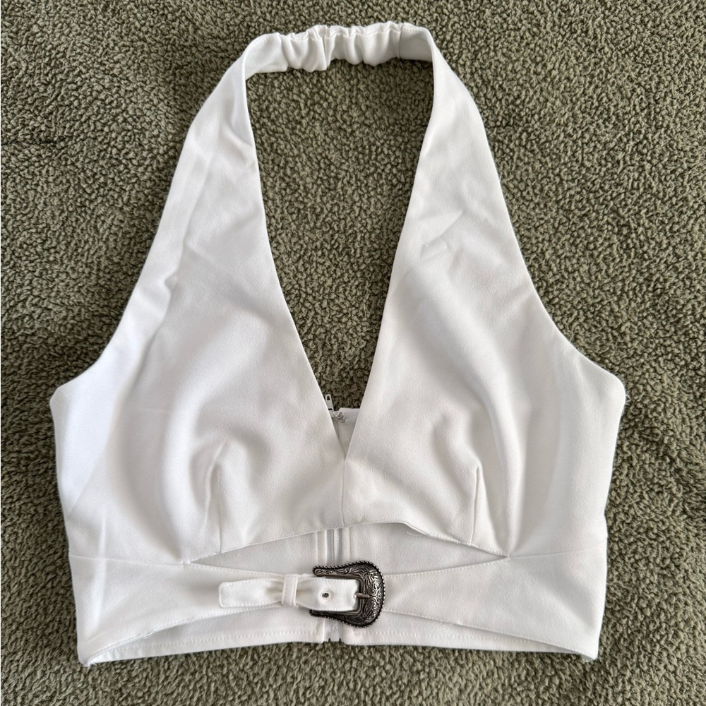 White Halter Top with Buckle Detail